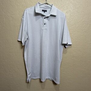 Fish Hippie Co. Men's Blue White Striped Polo Shirt Large Short Sleeve Collared